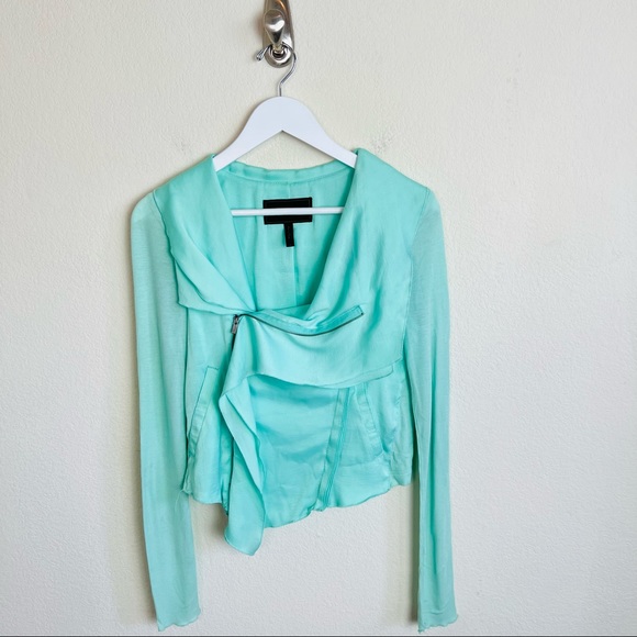 BCBGMaxAzria Ana Mint Raw Hem Silk & Ribbed Asymmetrical Moto Jacket - Picture 1 of 13